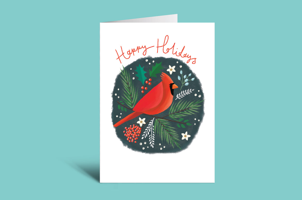 Holiday card with a red cardinal and festive elements on a green background