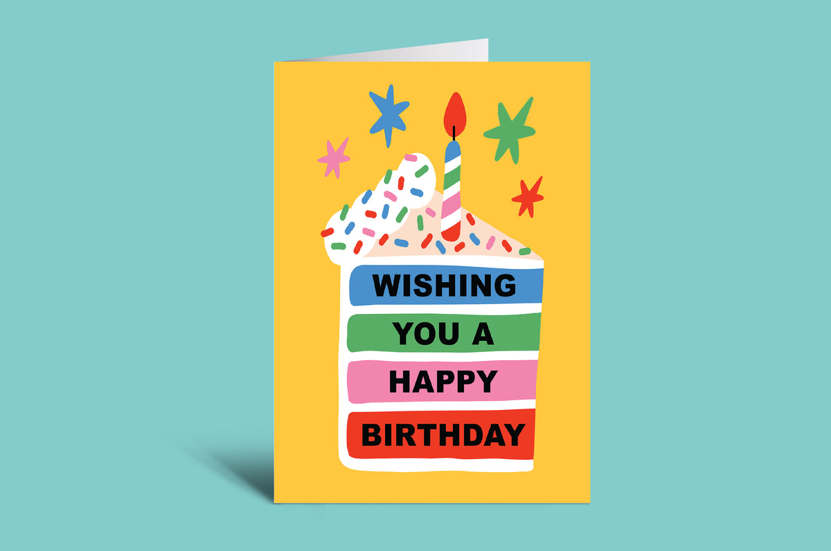 Colorful birthday card with a cake illustration and text on a green background
