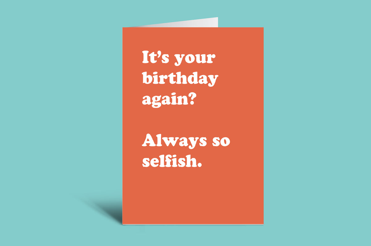 Red birthday card with humorous text on a green background