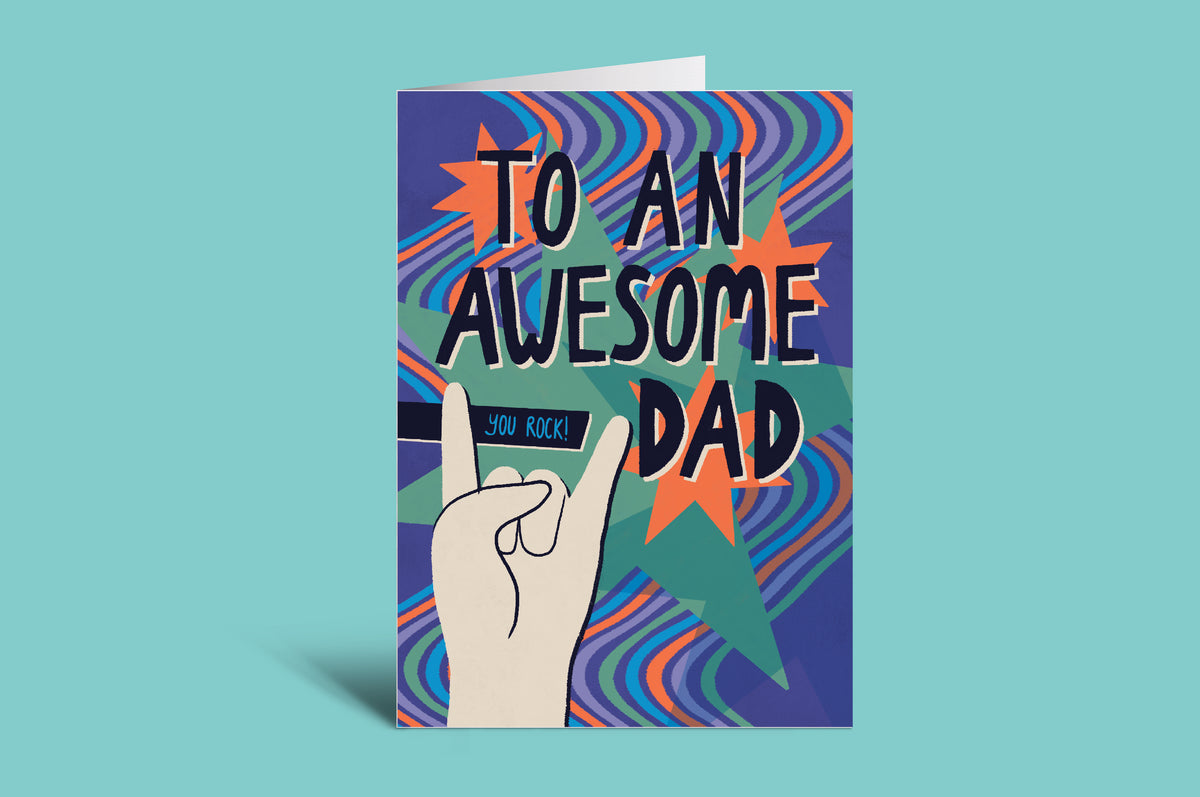 Greeting card with 'To an awesome dad' text and hand gesture on a colorful background