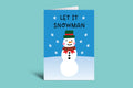 Greeting card with a snowman and 'Let It Snowman' text on a blue background