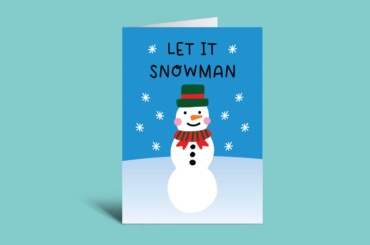 Greeting card with a snowman and 'Let It Snowman' text on a blue background