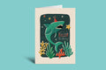 Greeting card with a shark design on a green background