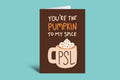Card with a pumpkin spice latte illustration and text on a green background
