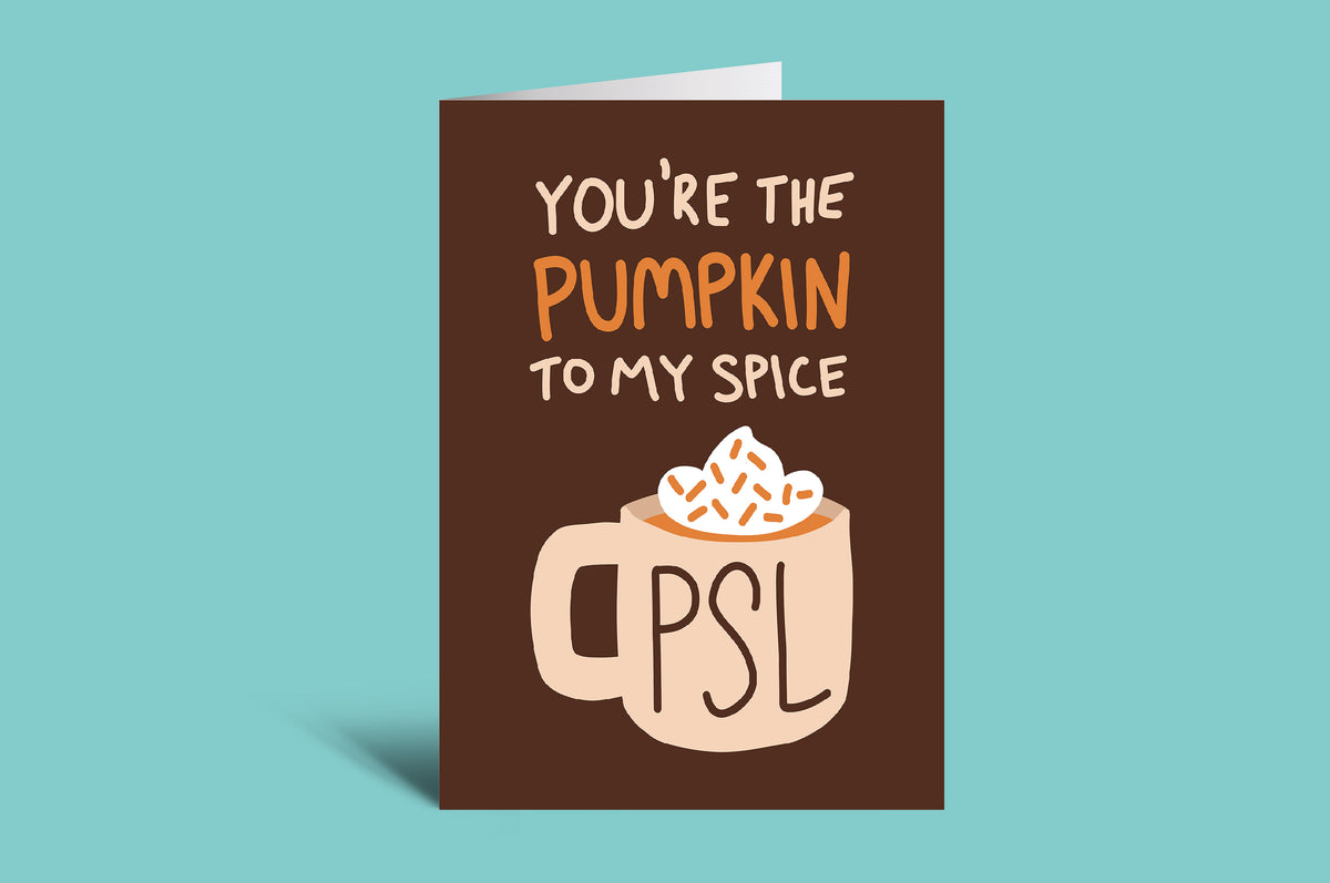 Card with a pumpkin spice latte illustration and text on a green background