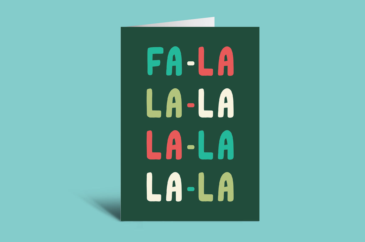 Card with 'FA-LA LA-LA LA-LA LA-LA' text on a green background