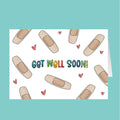 Get well soon card with band-aids and hearts on a white background