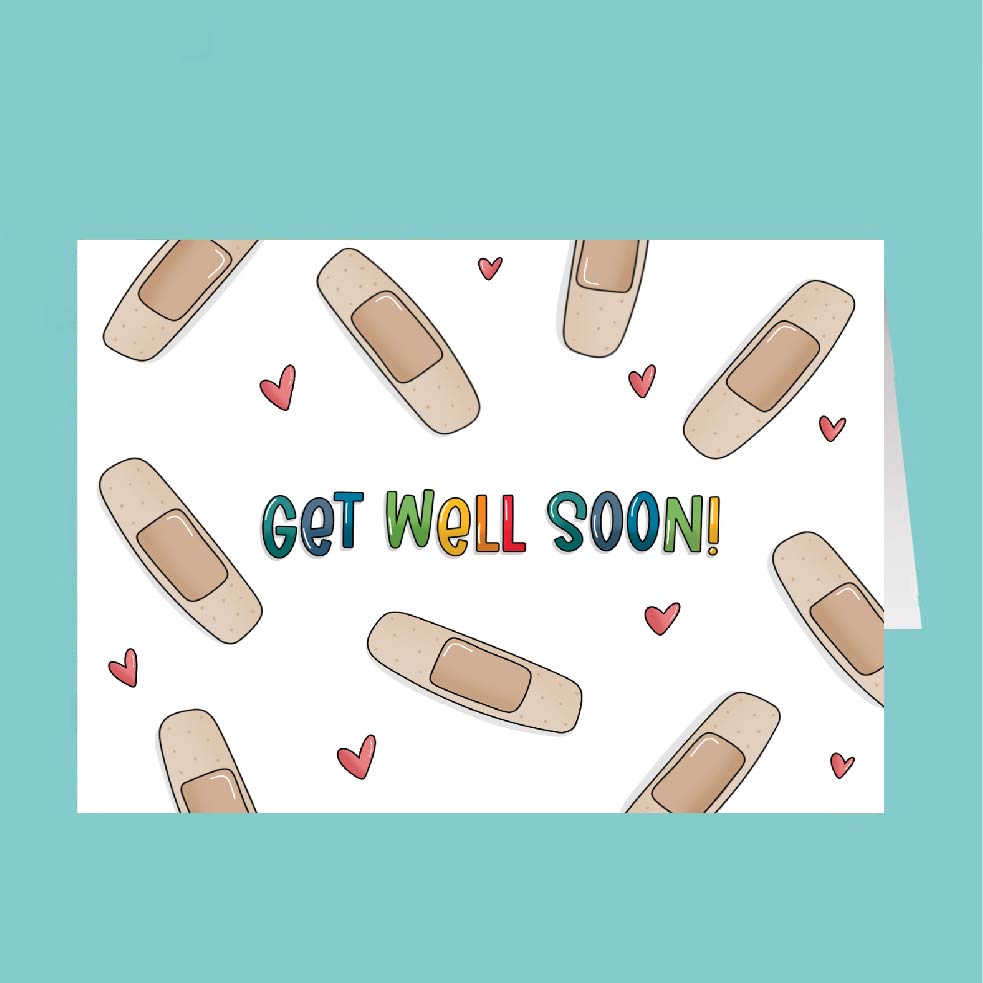 Get well soon card with band-aids and hearts on a white background