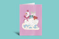 Greeting card with a swan holding presents on a purple background