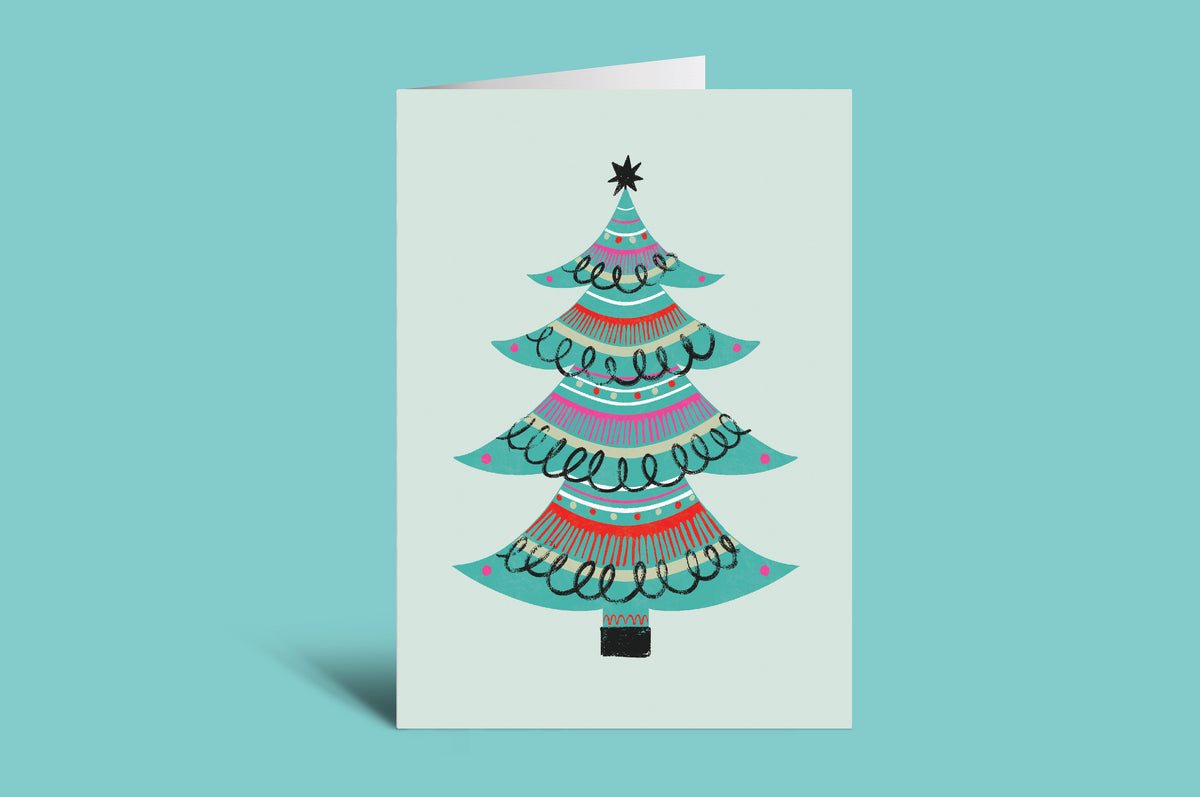 Greeting card with a colorful Christmas tree design on a green background