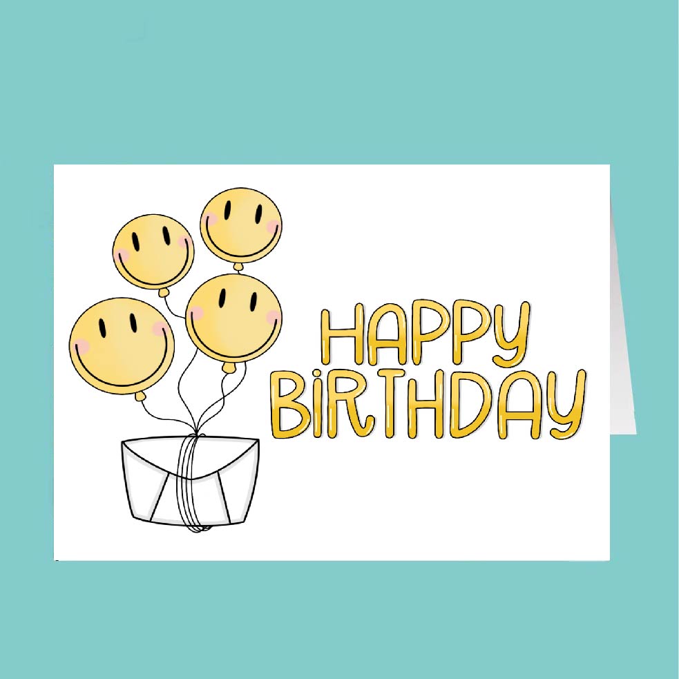 Happy Birthday card with smiley face balloons on a teal background