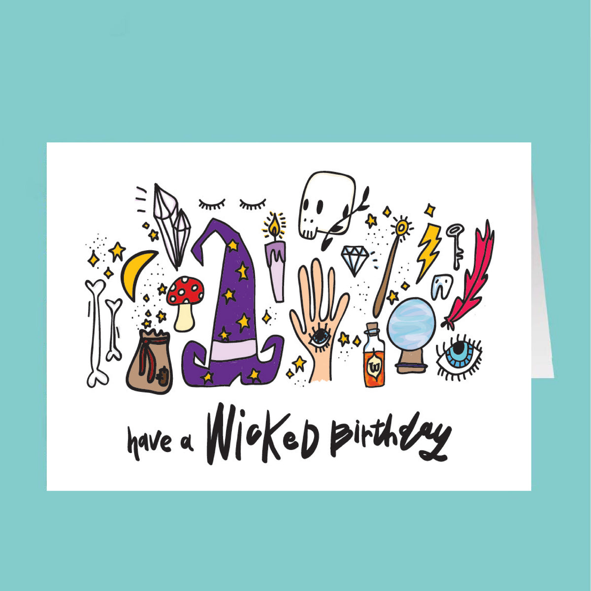 Greeting card with witch-themed illustrations and 'have a Wicked Birthday' text on a teal background