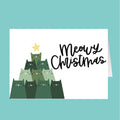 Card with green cat-shaped trees and 'Meowy Christmas' text on a teal background