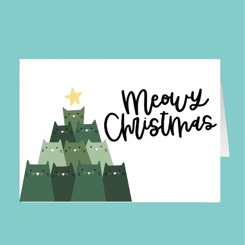 Card with green cat-shaped trees and 'Meowy Christmas' text on a teal background