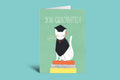 Graduation card with a cat illustration on a green background