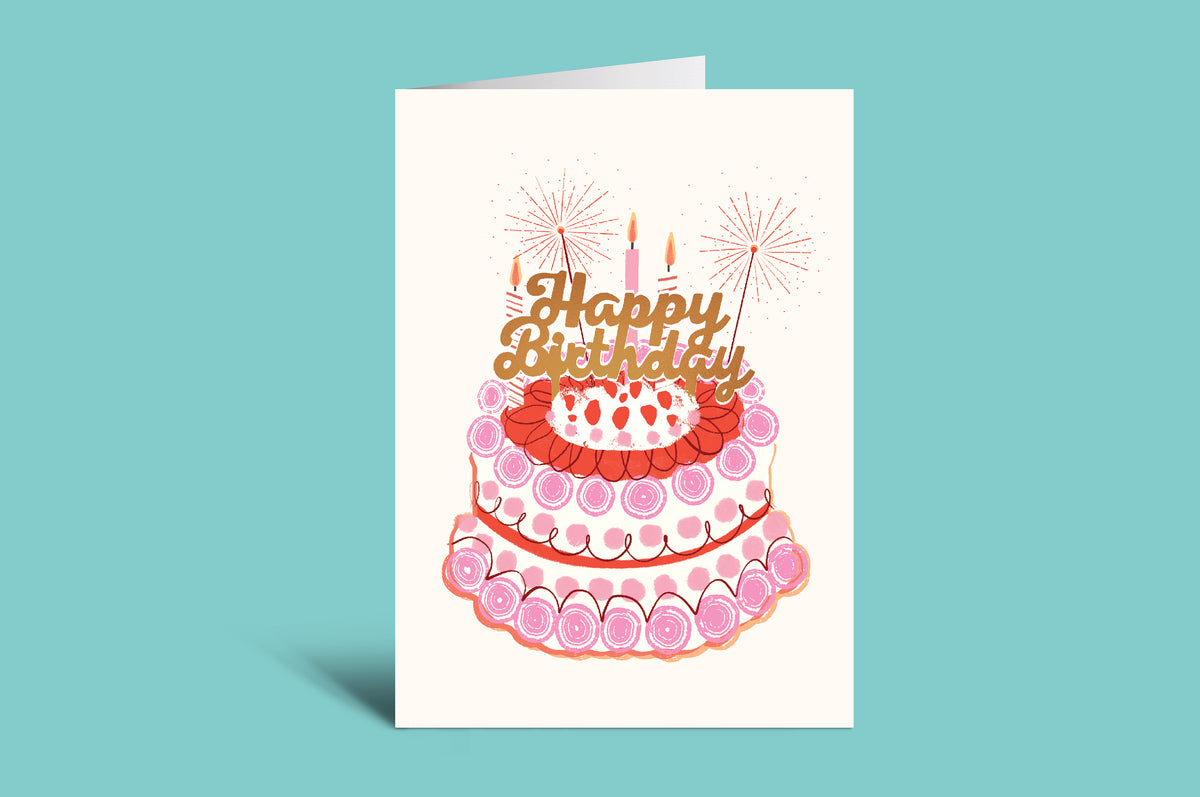 Birthday card with a cake illustration and 'Happy Birthday' text on a green background