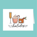 Illustration of holiday-themed drinks with text 'Full of Holiday Spirit' on a white card against a teal background.