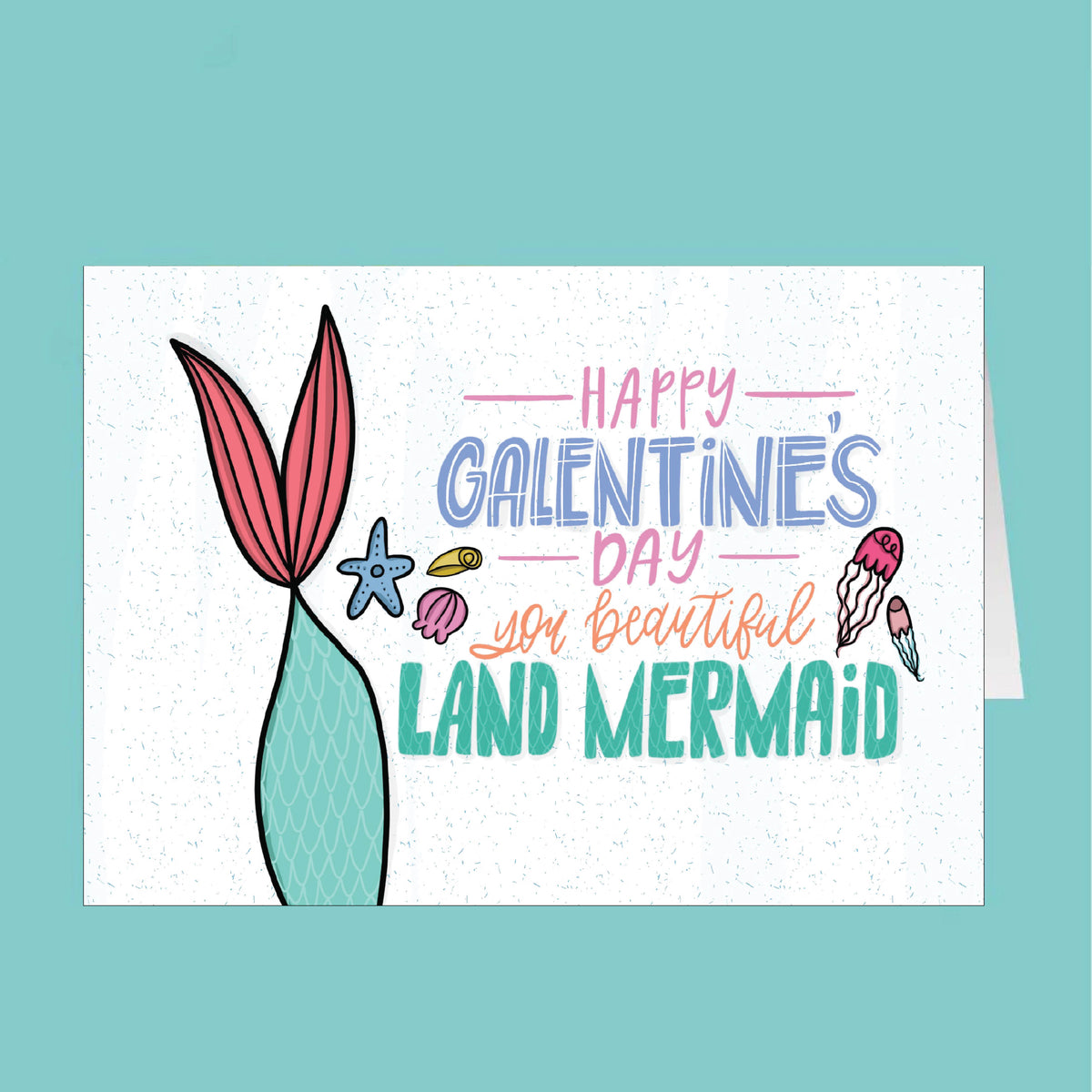 Greeting card with mermaid design and Valentine's Day message on a teal background
