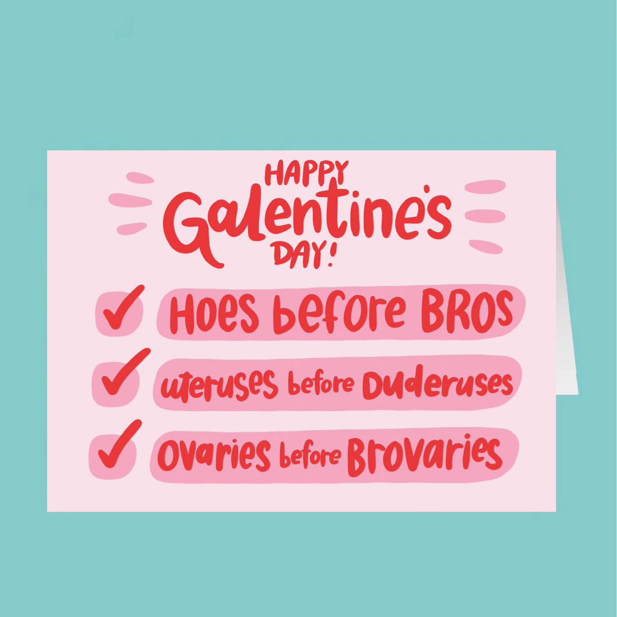 Valentine's Day card with humorous text on a pink background