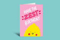 Birthday card with a lemon illustration and text on a pink background