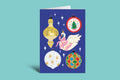 Decorative card with Christmas ornaments on a blue background