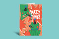 Card with a green frog wearing a party hat and 'Party Time!' text on a red and green background.