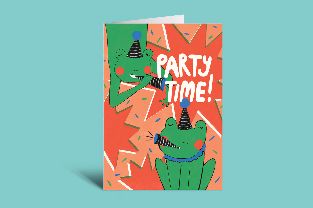 Card with a green frog wearing a party hat and 'Party Time!' text on a red and green background.