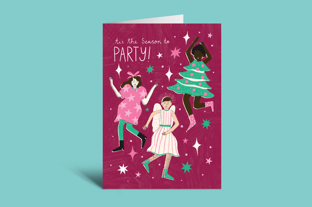 Holiday card with three people dancing and a Christmas tree on a purple background