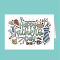 Father's Day card with various icons and 'Happy Father's Day' text on a white background.