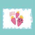 Card with pink strawberries and text on a teal background