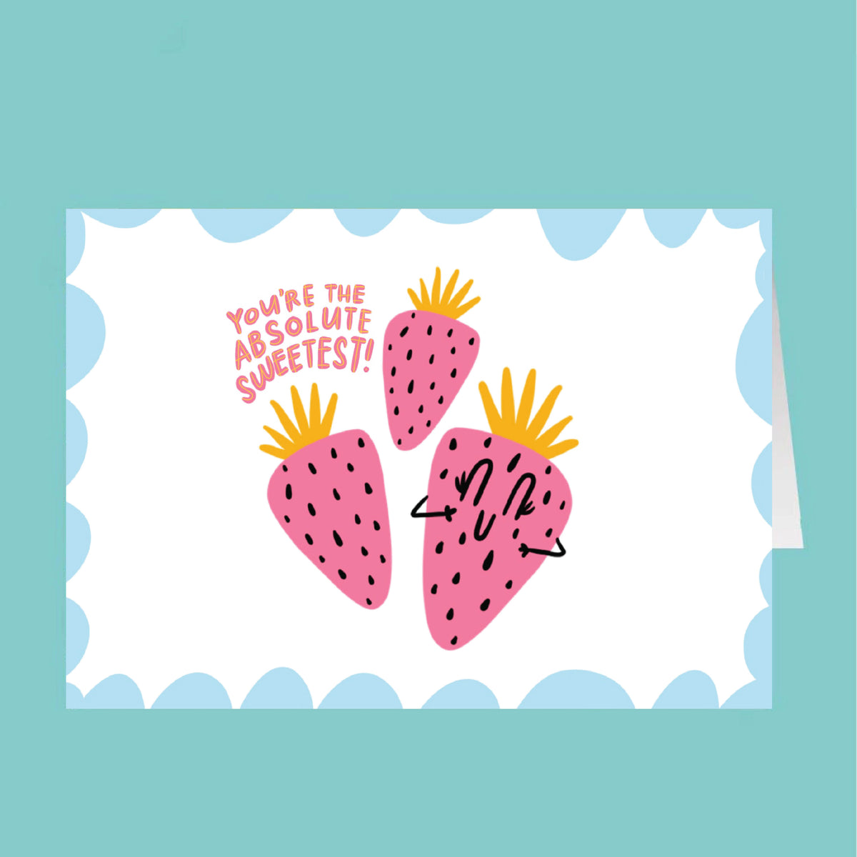 Card with pink strawberries and text on a teal background