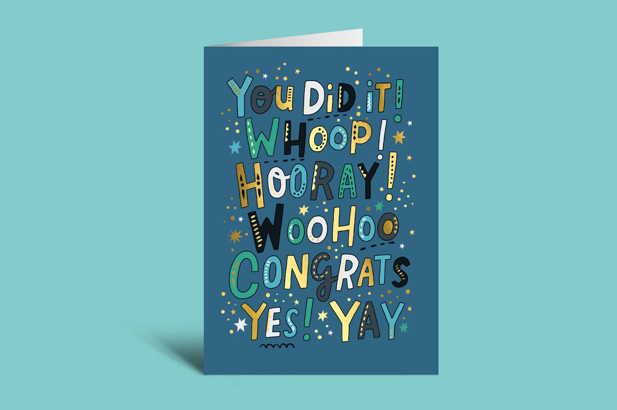 Colorful celebratory greeting card on a teal background
