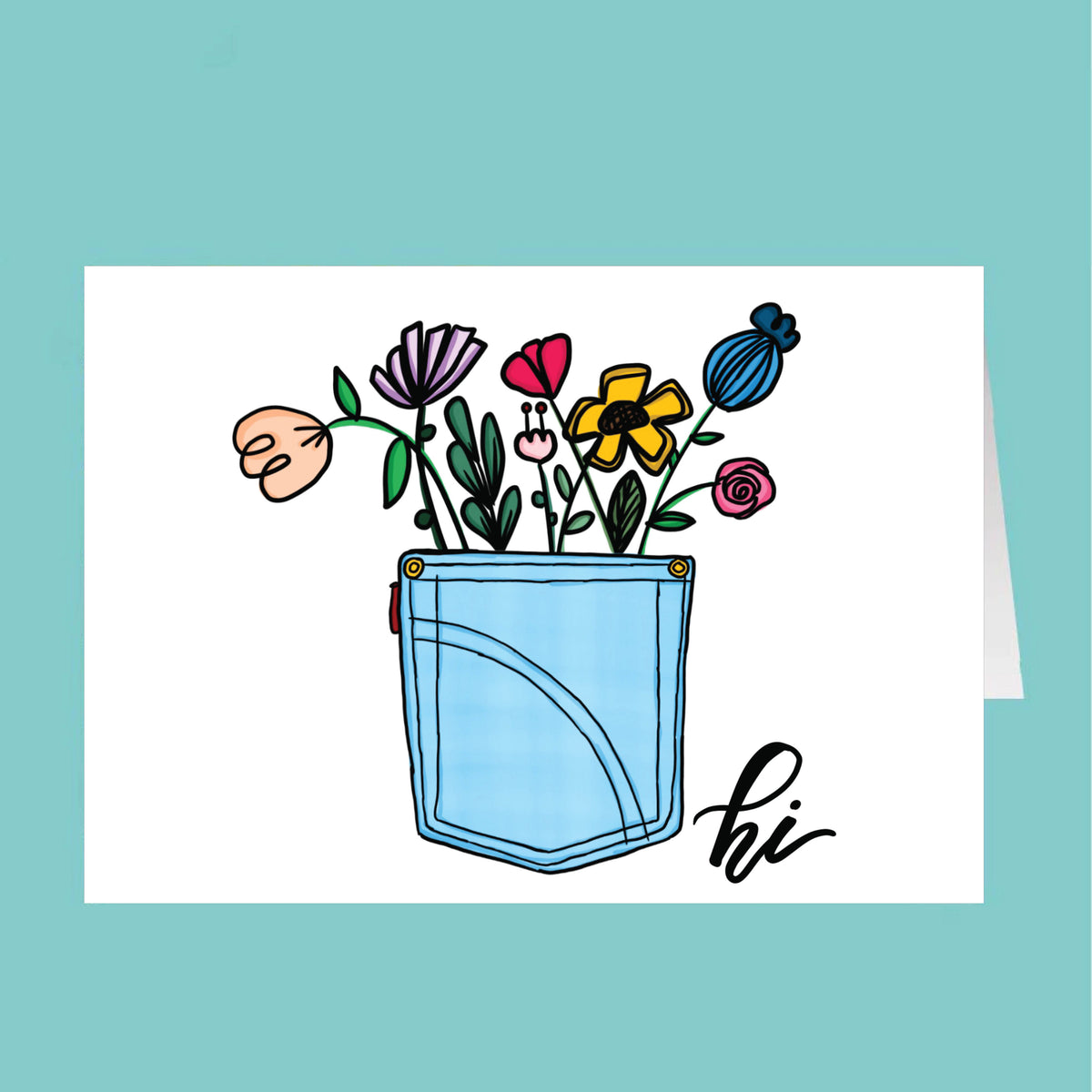 Card with a blue pocket full of colorful flowers and 'hi' text on a teal background