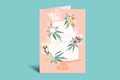 Greeting card with floral design and 'Mr & Mrs' text on a pink background