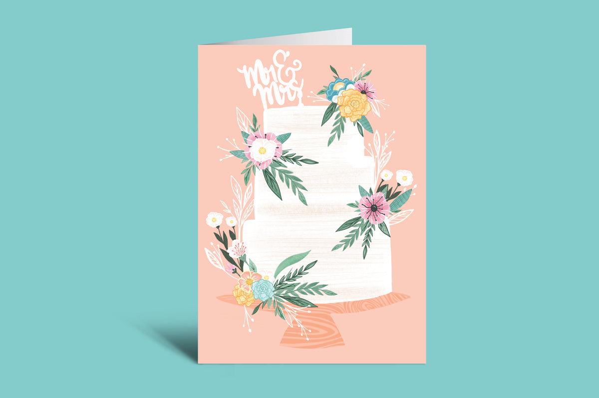 Greeting card with floral design and 'Mr & Mrs' text on a pink background