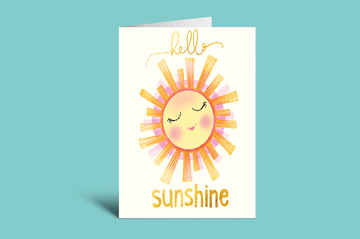 Greeting card with a sun illustration and 'hello sunshine' text on a green background