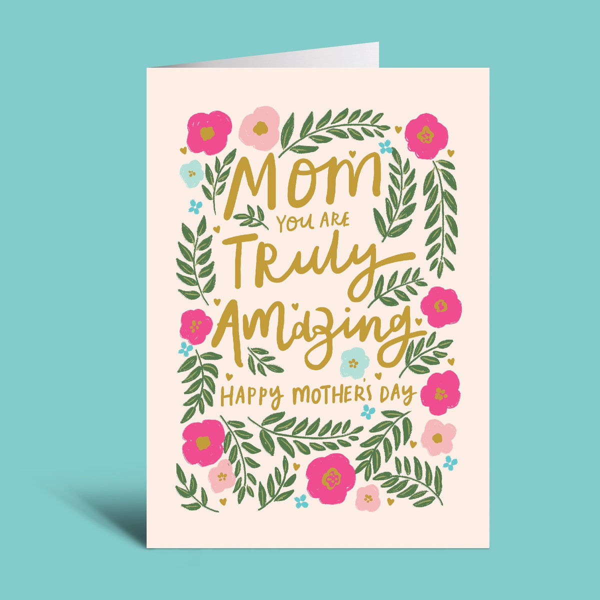 Greeting card with 'Mom, you are truly amazing' text on a light green background