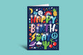 Colorful birthday card with various symbols on a teal background
