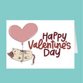 Valentine's Day card with a cat holding a heart-shaped balloon and 'Happy Valentine's Day' text on a teal background.
