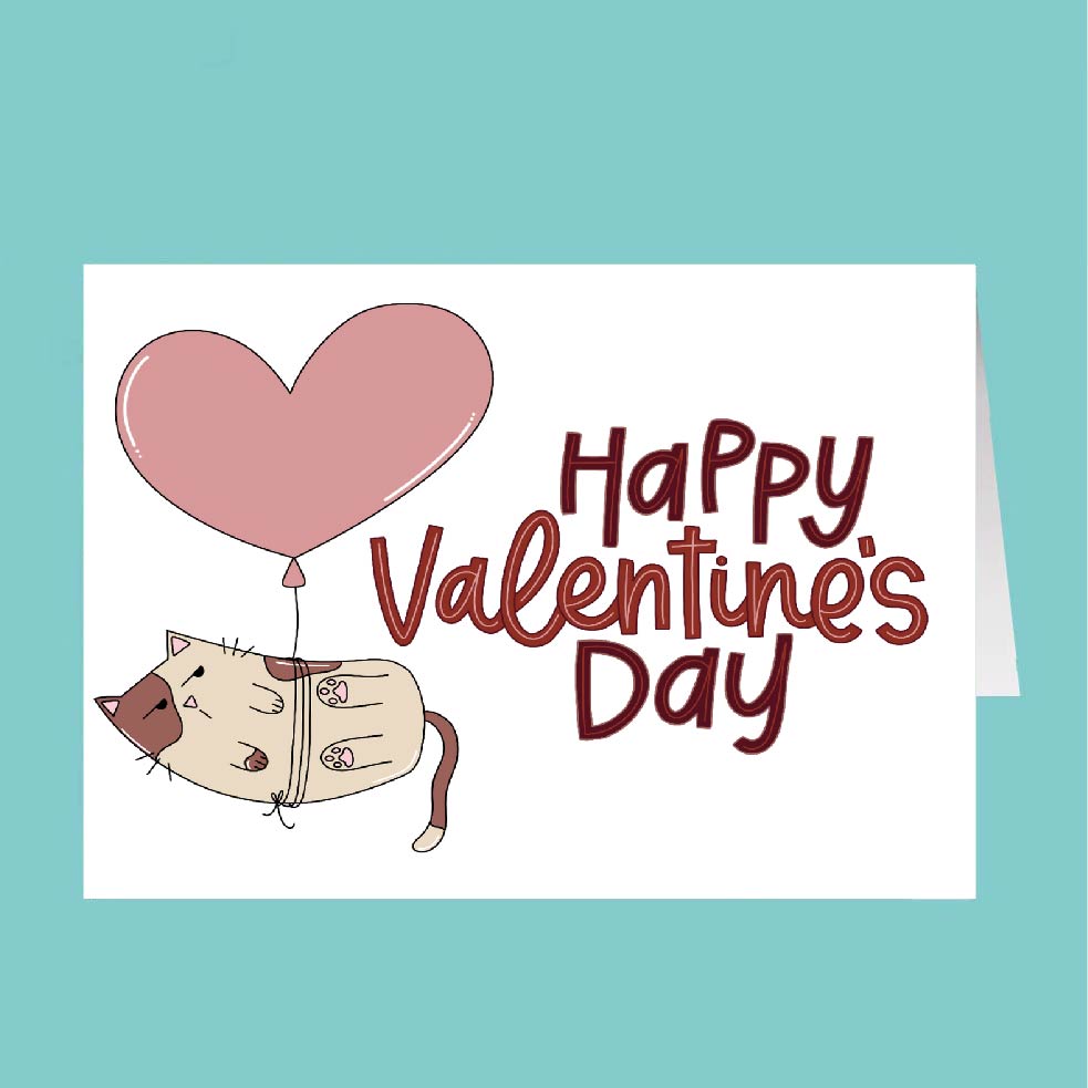 Valentine's Day card with a cat holding a heart-shaped balloon and 'Happy Valentine's Day' text on a teal background.