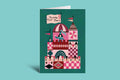 Greeting card with colorful castle design and 'Happy New Home' text on a green background