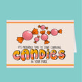 Card with candy illustrations and text on a teal background