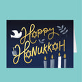 Happy Hanukkah card with candles, a dove, and stars of David on a blue background