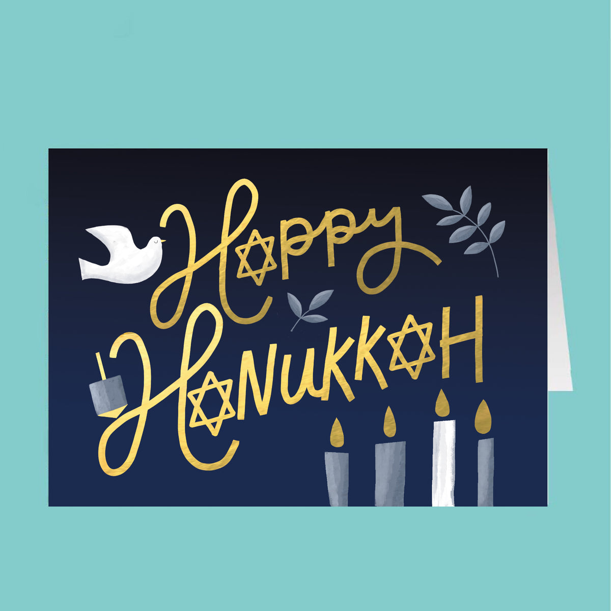 Happy Hanukkah card with candles, a dove, and stars of David on a blue background