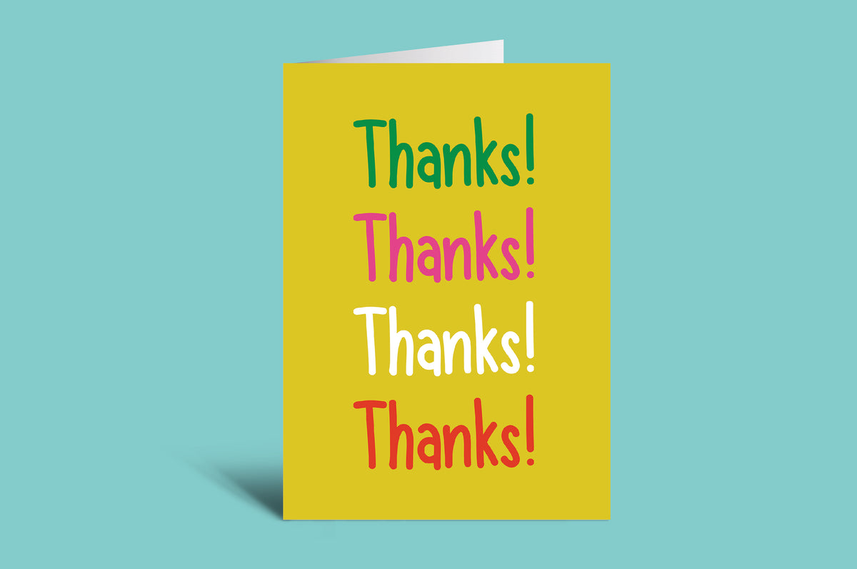 Yellow card with 'Thanks!' text in different colors on a light green background