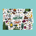 Colorful camping-themed card with illustrations and text on a teal background