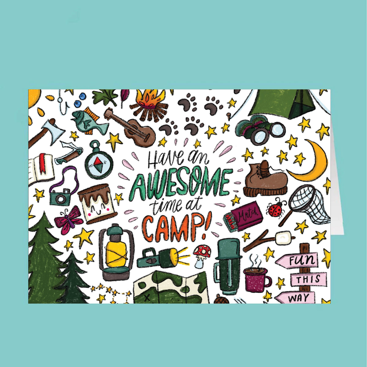 Colorful camping-themed card with illustrations and text on a teal background