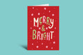 Red greeting card with 'Merry & Bright' text on a green background