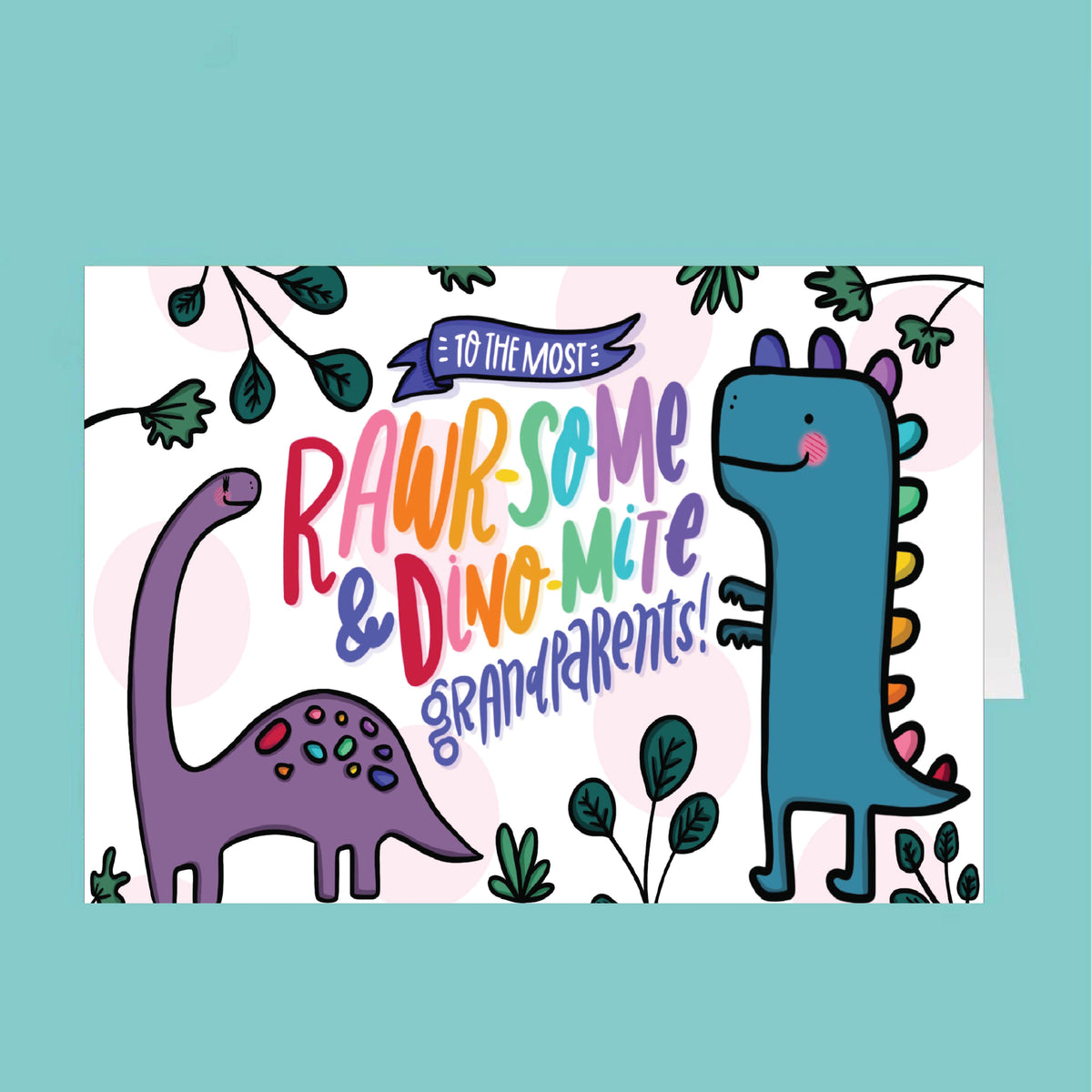 Card with cartoon dinosaurs and text 'Rawr-some & Dino-mite Grandparents' on a light blue background