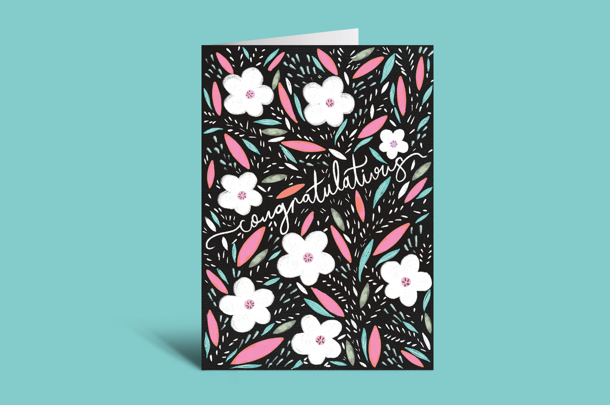 Greeting card with floral design and 'Congratulations' text on a green background